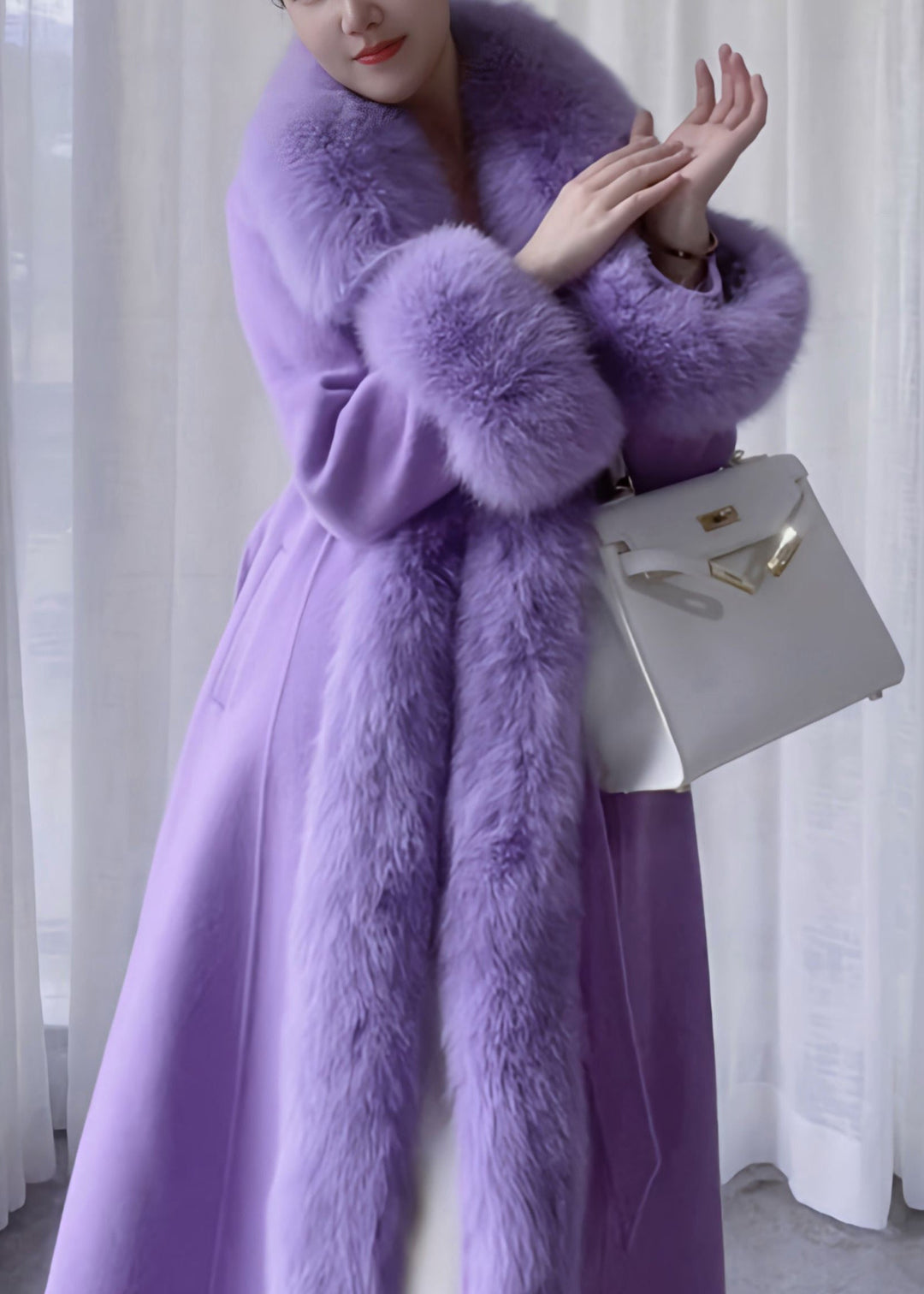 Stylish Purple Bow Tie Waist Woolen Long Coats Winter