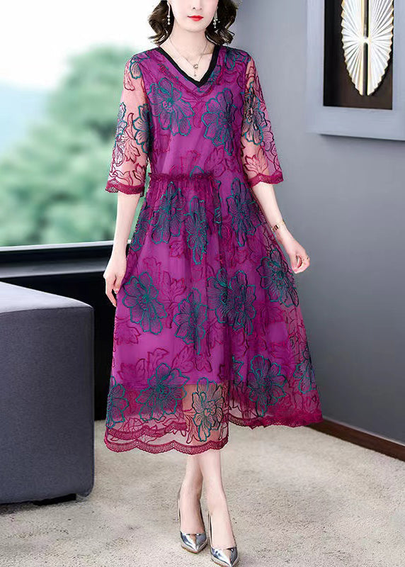 Stylish Purple Embroidered Floral Tulle Maxi Dress Summer