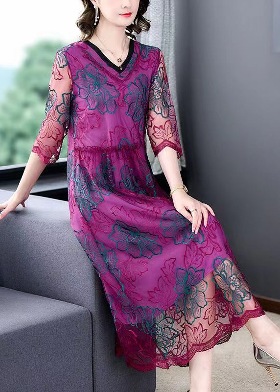 Stylish Purple Embroidered Floral Tulle Maxi Dress Summer