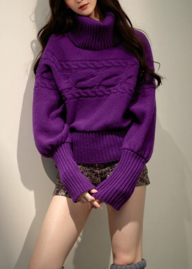 Stylish Purple Hign Neck Thick Knit Sweater Tops Spring