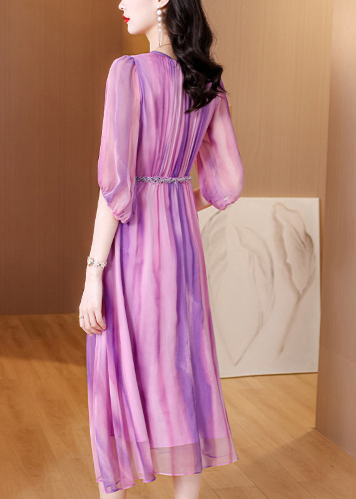 Stylish Purple V Neck Striped Wrinkled Silk Long Dresses Summer