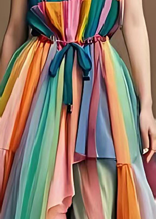 Stylish Rainbow Cinched Patchwork Tulle Spaghetti Strap Dress Summer