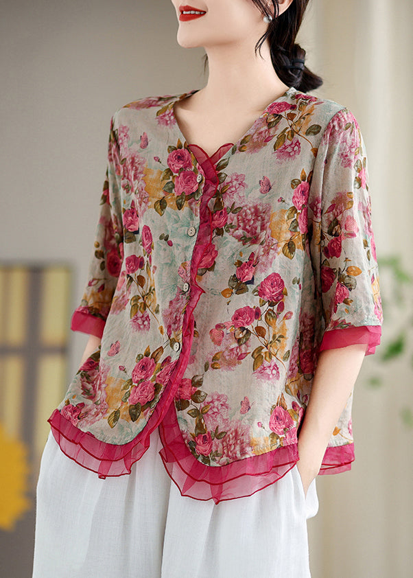 Stylish Red Floral Patchwork Organza Linen Shirts Summer