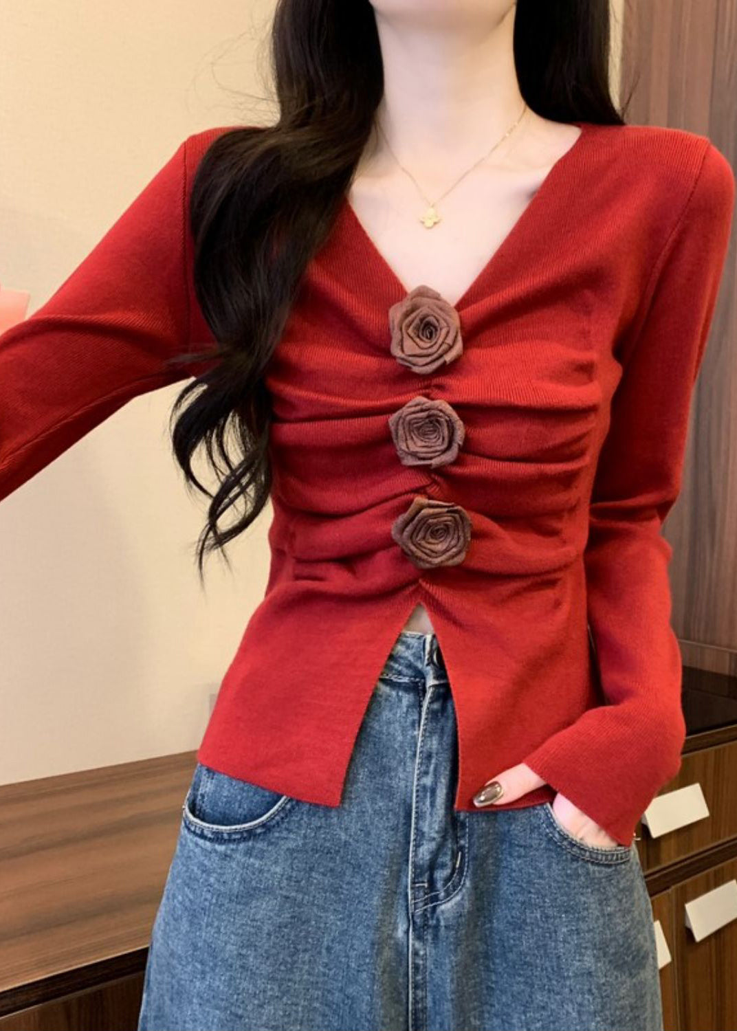 Stylish Red Floral Wrinkled Knit Sweater Spring