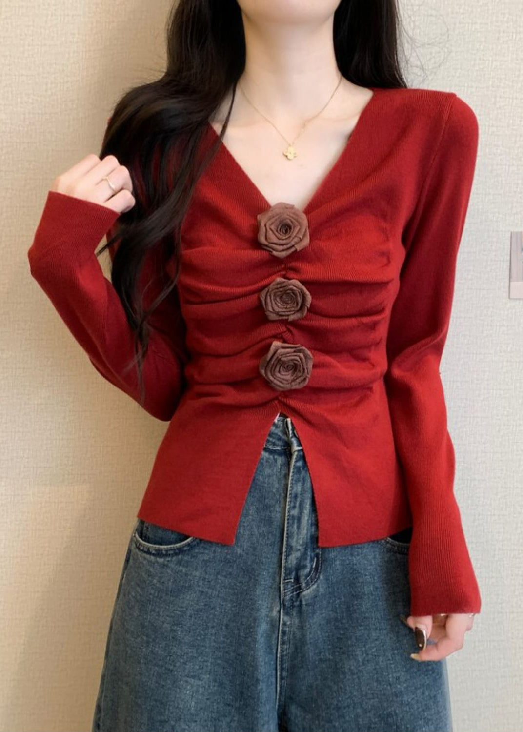 Stylish Red Floral Wrinkled Knit Sweater Spring