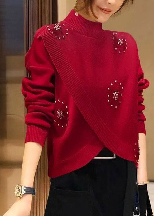 Stylish Red Hign Neck Nail Bead Woolen Knit Pullover Spring