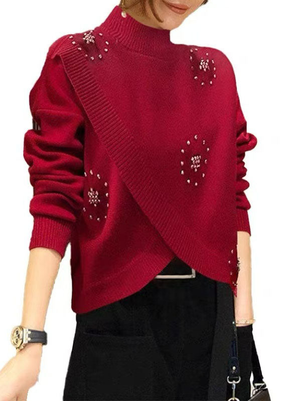 Stylish Red Hign Neck Nail Bead Woolen Knit Pullover Spring