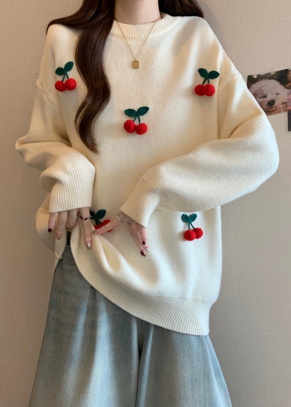 Stylish Red O-Neck Cherry Decorated Knit Sweater Winter