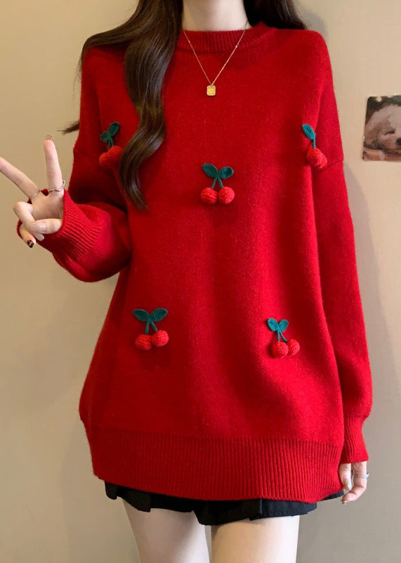 Stylish Red O-Neck Cherry Decorated Knit Sweater Winter