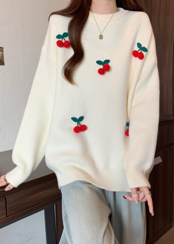 Stylish Red O-Neck Cherry Decorated Knit Sweater Winter