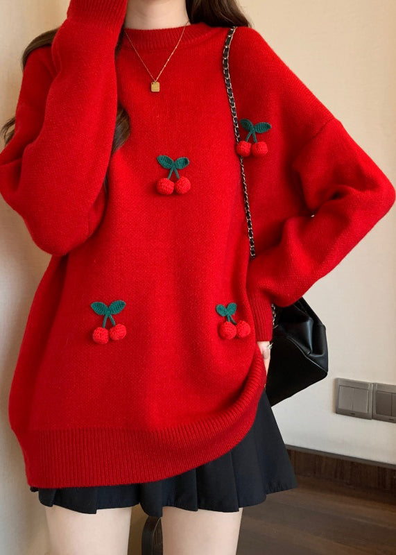 Stylish Red O-Neck Cherry Decorated Knit Sweater Winter