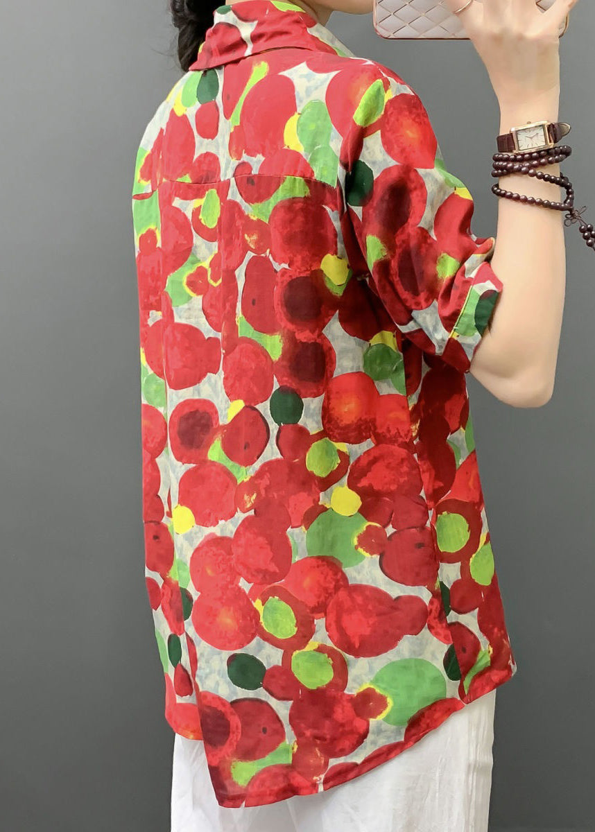 Stylish Red Print Button Pockets Cotton Blouses Short Sleeve