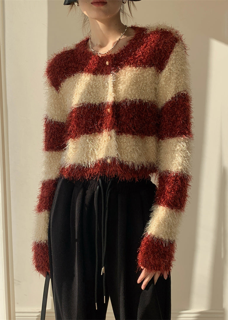 Stylish Red Striped Fluffy Button Knit Cardigans Winter