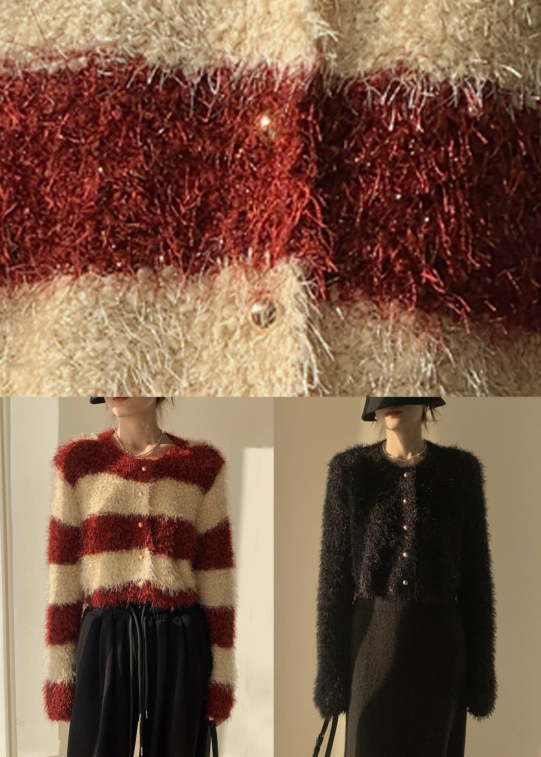 Stylish Red Striped Fluffy Button Knit Cardigans Winter