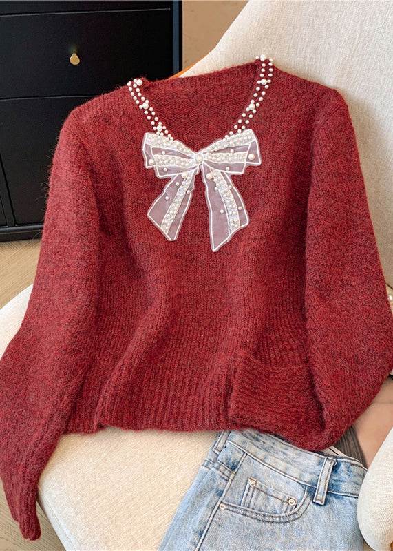 Stylish Red V Neck Bow Nail Bead Knit Sweater Winter