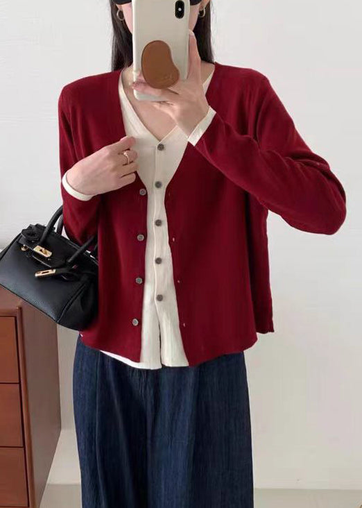 Stylish Red V Neck Button False Two Pieces Knit Cardigan Fall