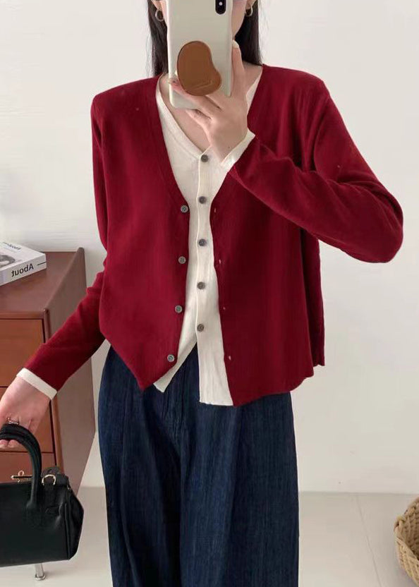 Stylish Red V Neck Button False Two Pieces Knit Cardigan Fall