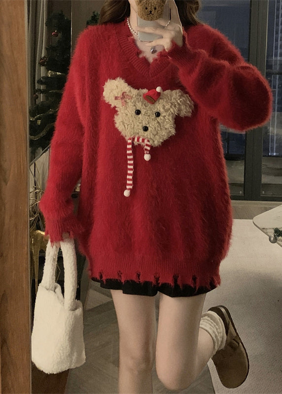 Stylish Red V Neck Mink Hair Knitted Ripped Sweaters Winter