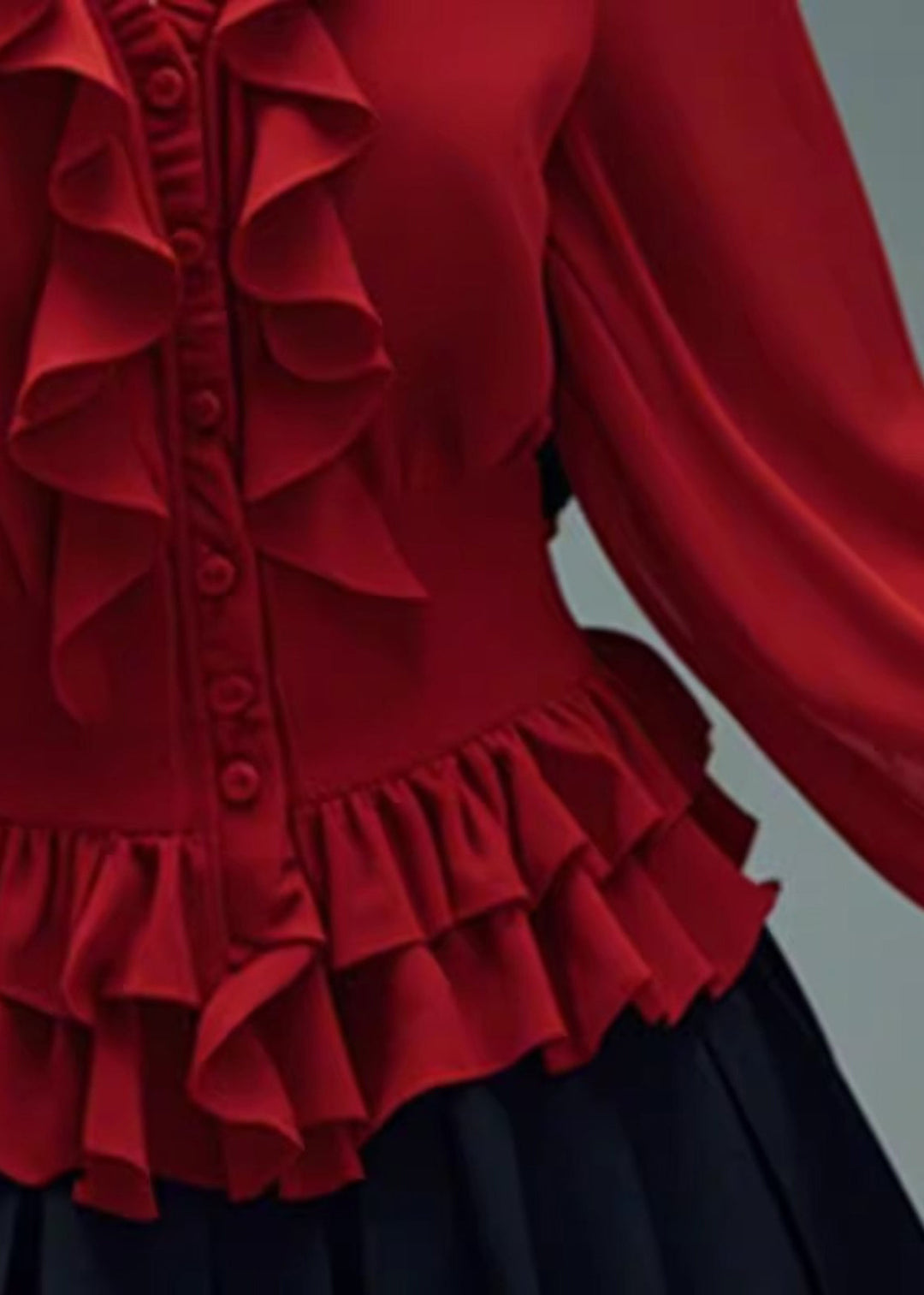 Stylish Red V Neck Ruffled Button Cotton Blouses Spring