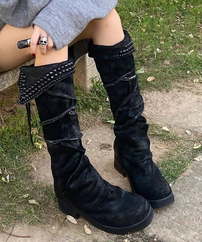 Stylish Rivet Splicing Chunky Boots Black Suede