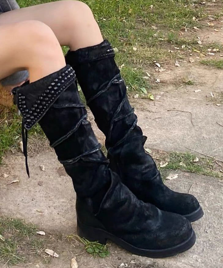 Stylish Rivet Splicing Chunky Boots Black Suede