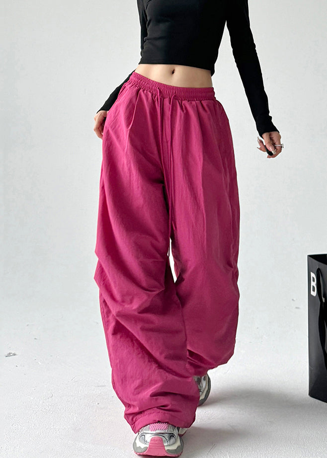 Stylish Rose Elastic Waist Wrinkled Cotton Pants Spring