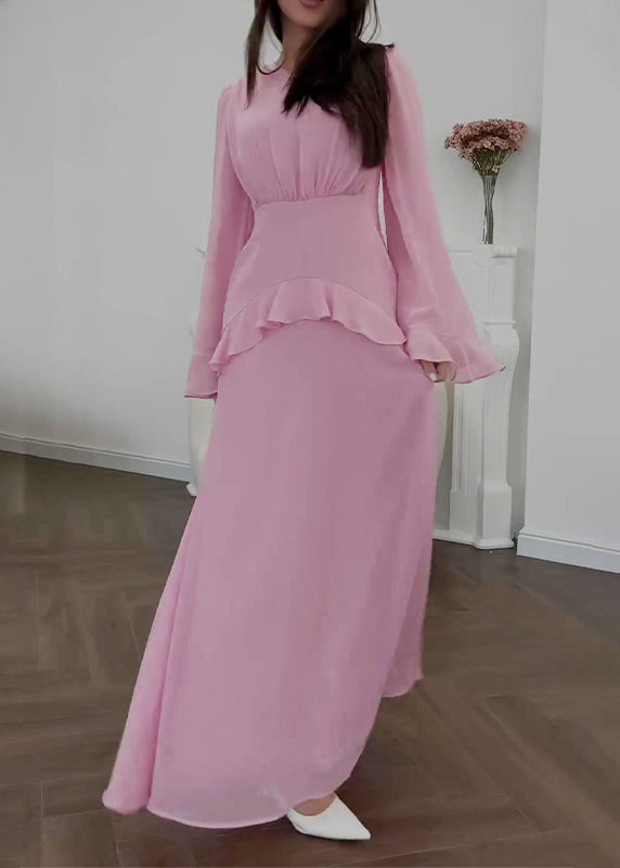 Stylish Rose Ruffled Patchwork Chiffon Dresses Flare Sleeve