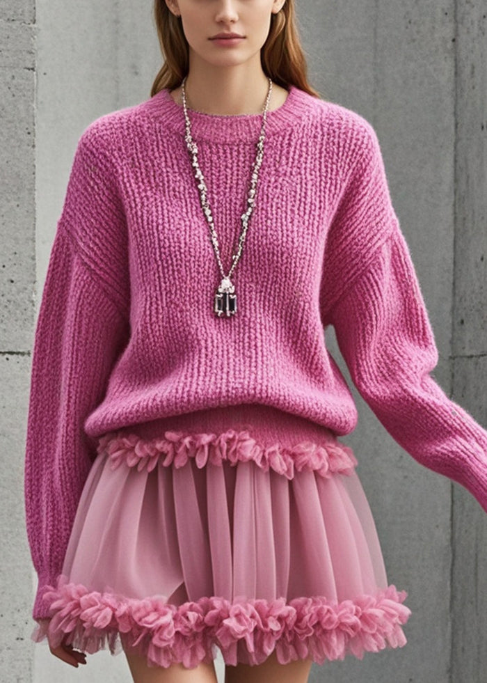 Stylish Rose Ruffled Patchwork Tulle Knit Sweater Dress Fall