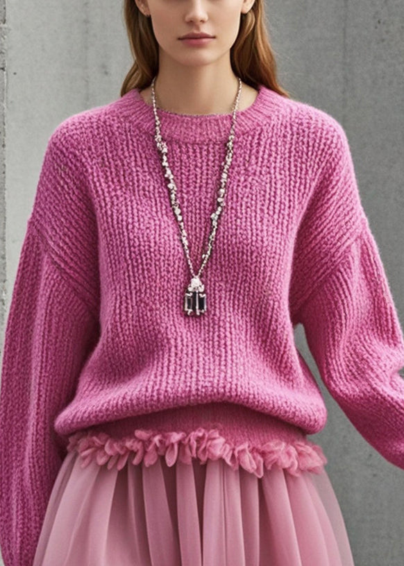 Stylish Rose Ruffled Patchwork Tulle Knit Sweater Dress Fall