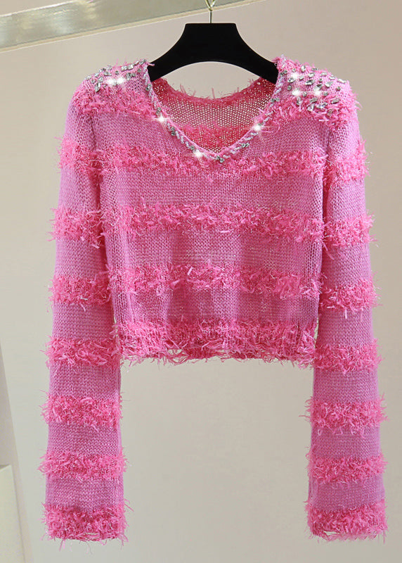 Stylish Rose V Neck Sequins Zircon Tassel Knit Sweater Spring