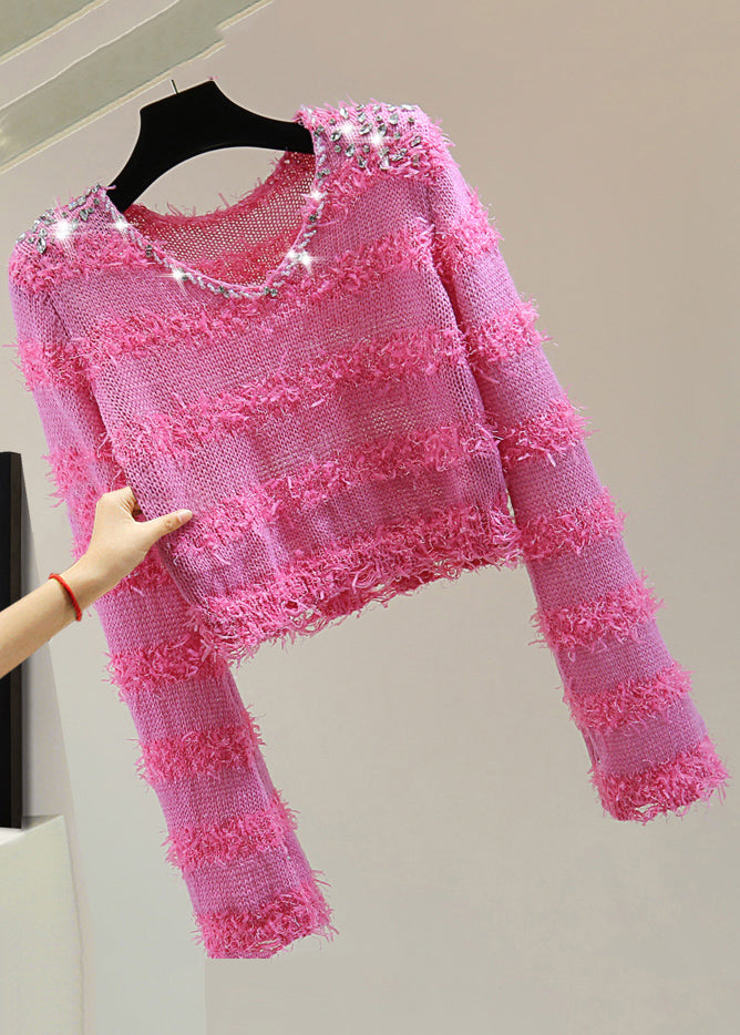 Stylish Rose V Neck Sequins Zircon Tassel Knit Sweater Spring