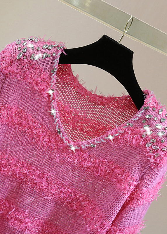 Stylish Rose V Neck Sequins Zircon Tassel Knit Sweater Spring