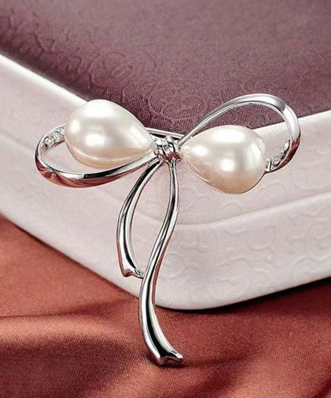 Stylish Silk Stainless Steel Pearl Bow Brooch