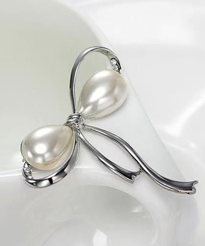 Stylish Silk Stainless Steel Pearl Bow Brooch