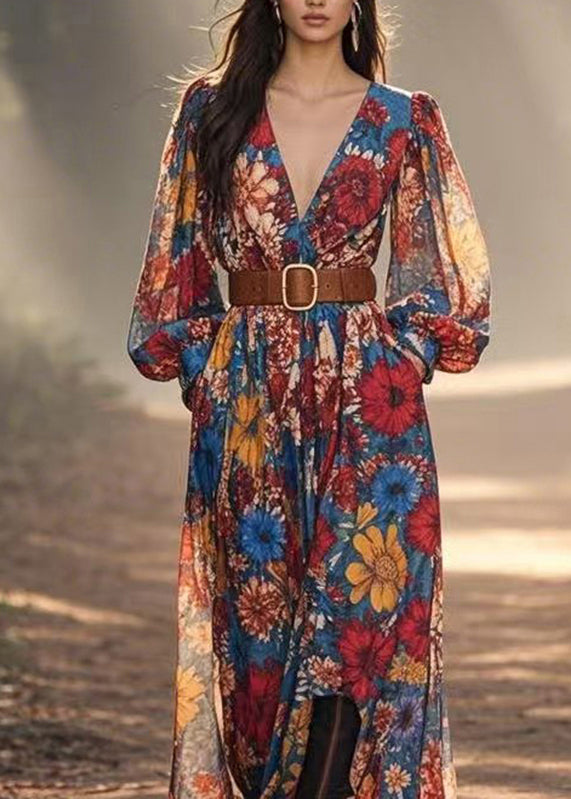 Stylish V Neck Print Chiffon Maxi Dress Spring