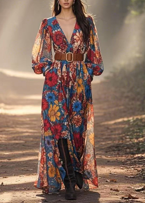 Stylish V Neck Print Chiffon Maxi Dress Spring