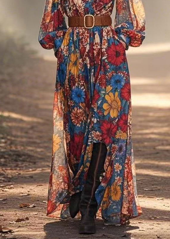 Stylish V Neck Print Chiffon Maxi Dress Spring