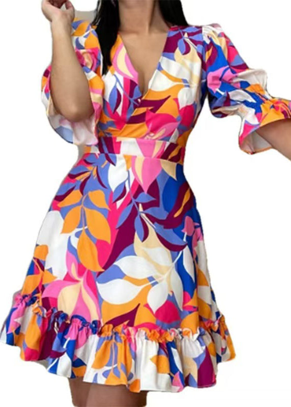 Stylish V Neck Print Ruffled Patchwork Mid Dress Summer