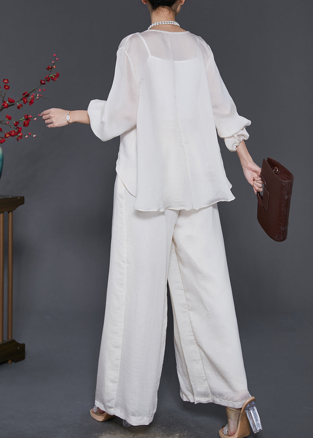 Stylish White Asymmetrical Draping Silk Two Piece Suit Set Spring