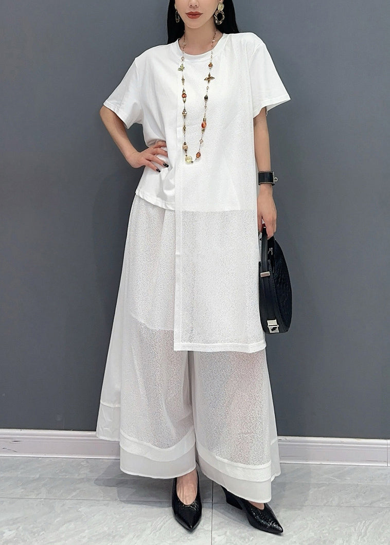 Stylish White Asymmetrical Patchwork Cotton Two Pieces Set Summer