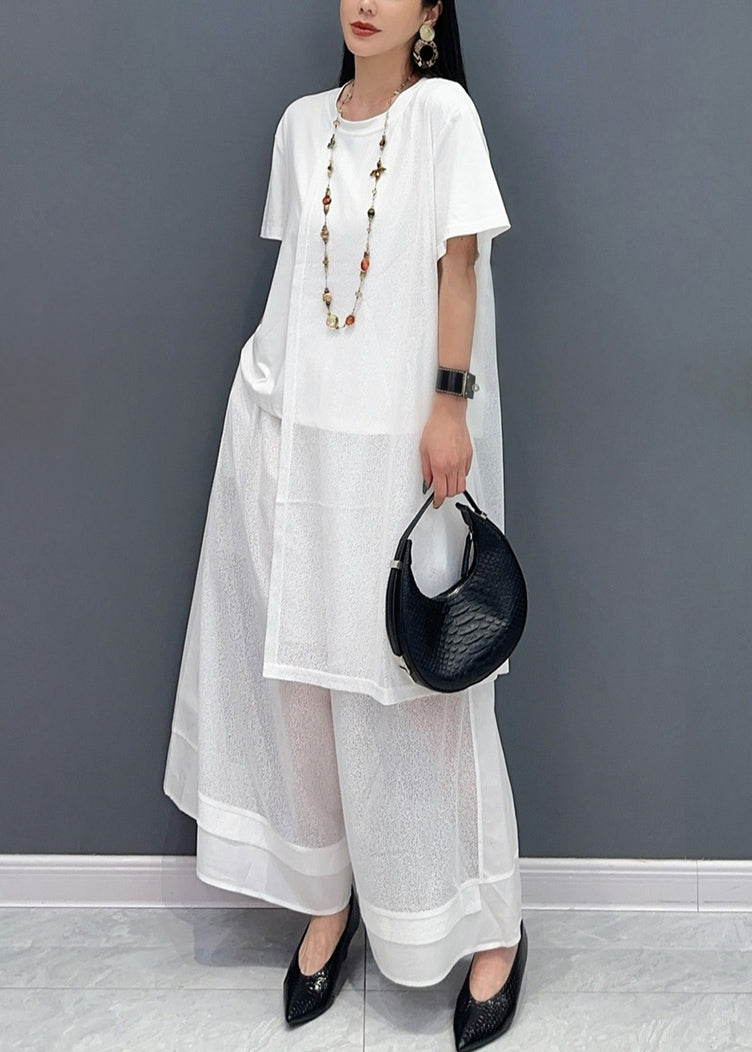 Stylish White Asymmetrical Patchwork Cotton Two Pieces Set Summer