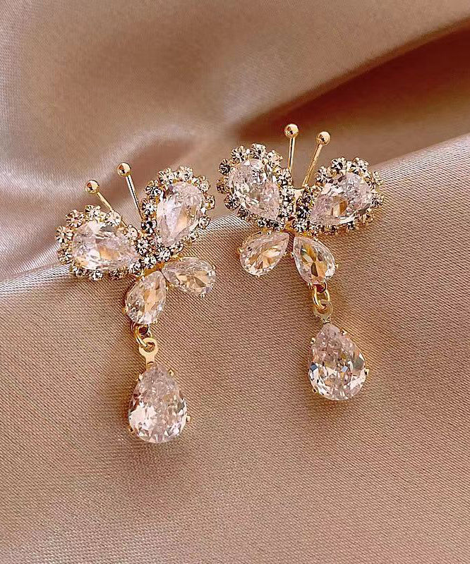 Stylish White Copper Alloy Zircon Butterfly Tassel Drop Earrings