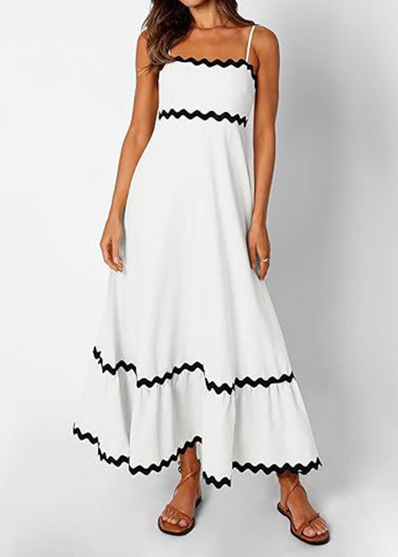 Stylish White Patchwork Spaghetti Strap Dress Sleeveless