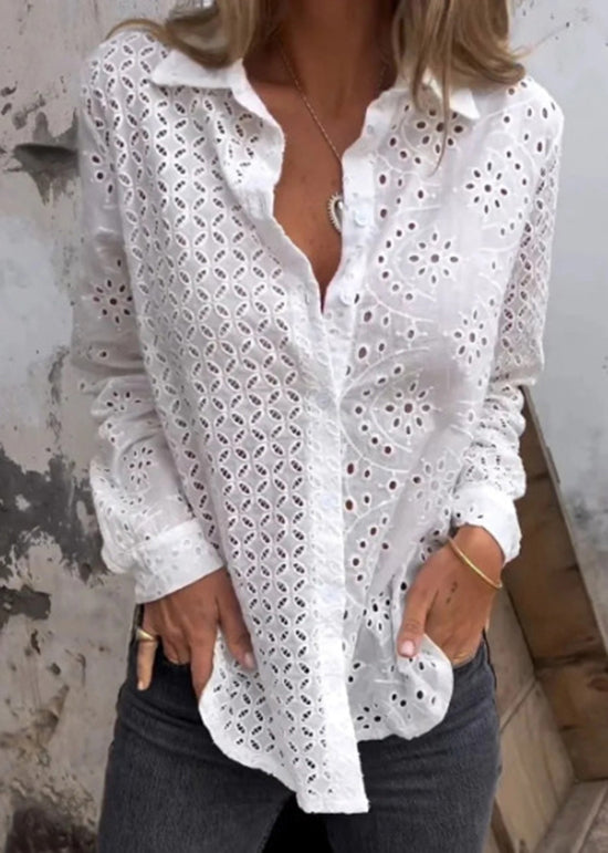 Stylish White Peter Pan Collar Hollow Out Cotton Shirt Fall