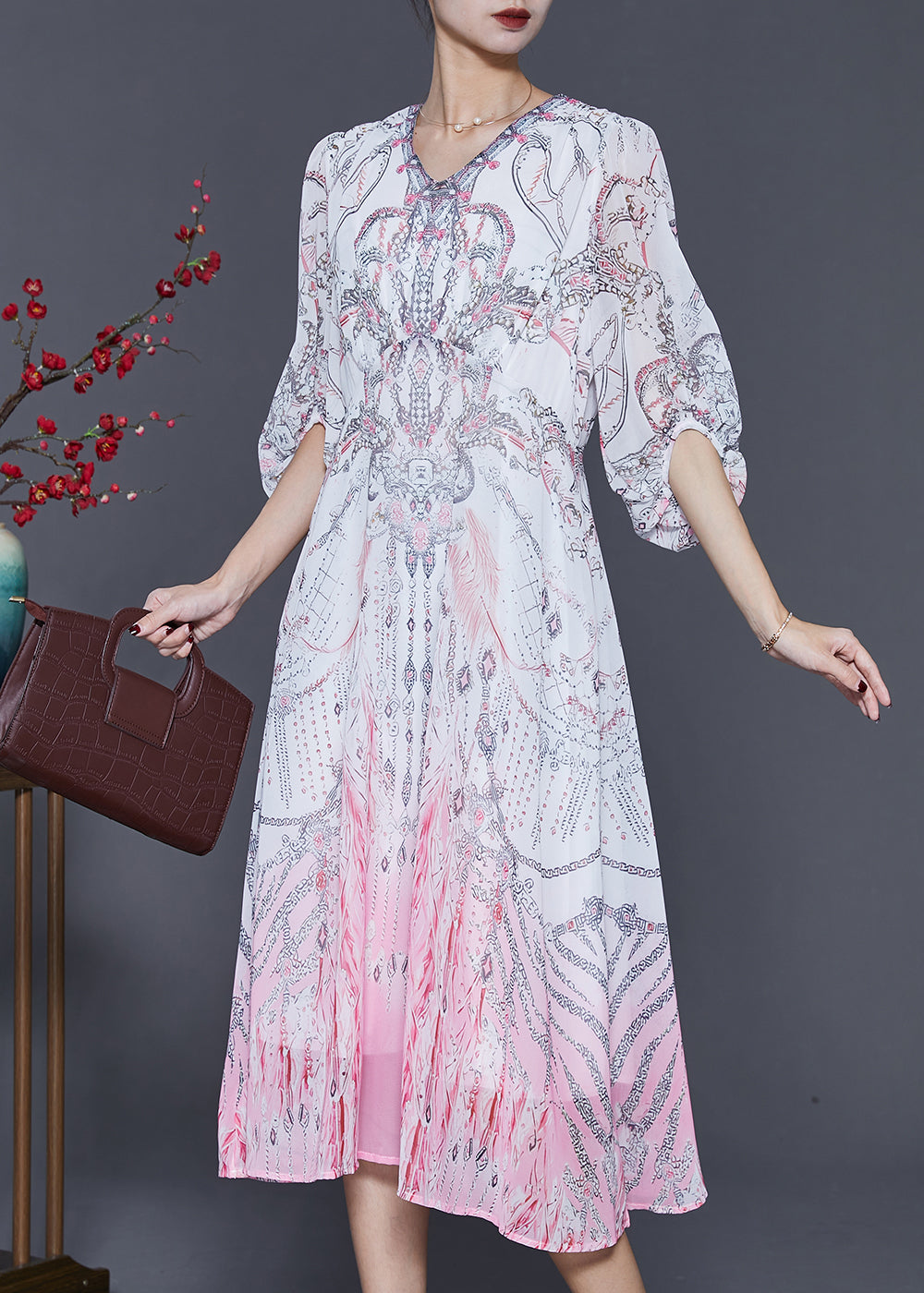 Stylish White Print Gradient Color Chiffon Beach Dresses Lantern Sleeve