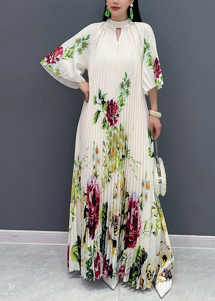 Stylish White Stand Collar Print Maxi Dresses Half Sleeve