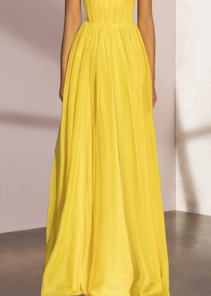 Stylish Yellow Backless Strapless Silk Spaghetti Strap Summer