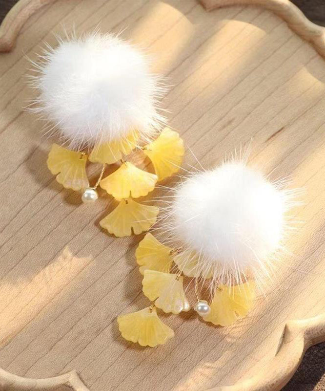 Stylish Yellow Copper Pearl Ginkgo Leaves Mink Hair Stud Earrings