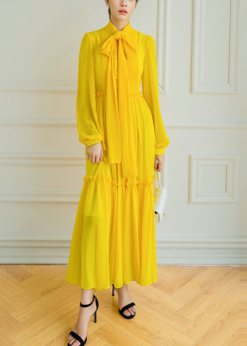 Stylish Yellow Lace Up Ruffled Patchwork Silk Long Dress Spring