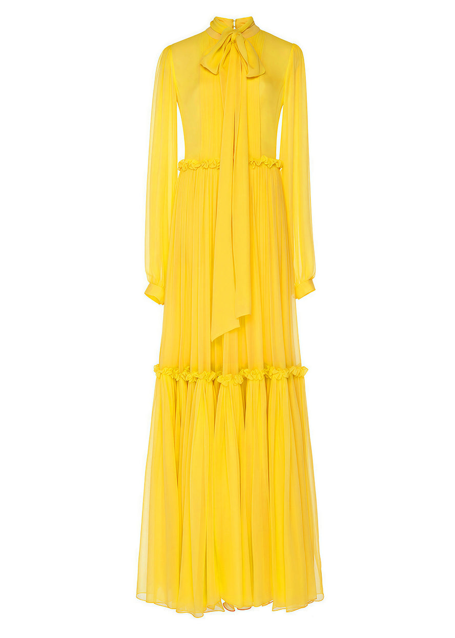 Stylish Yellow Lace Up Ruffled Patchwork Silk Long Dress Spring